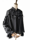 Warm Milk Tea ~ Sweet Women's Ruffled Blouse Long Sleeve Jacquard Striped Blouse by Infanta