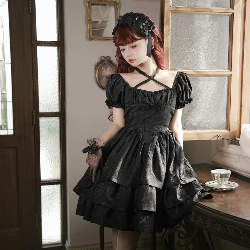 Thorns & Roses ~ Sweet Short Sleeve Lolita OP Dress Tiered Short Dress