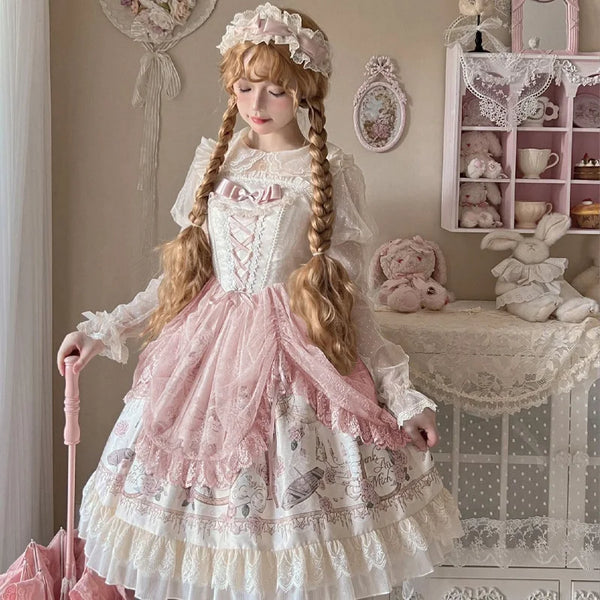 Rose Color ~ Vintage Lolita JSK Dress Printed Short Party Dress