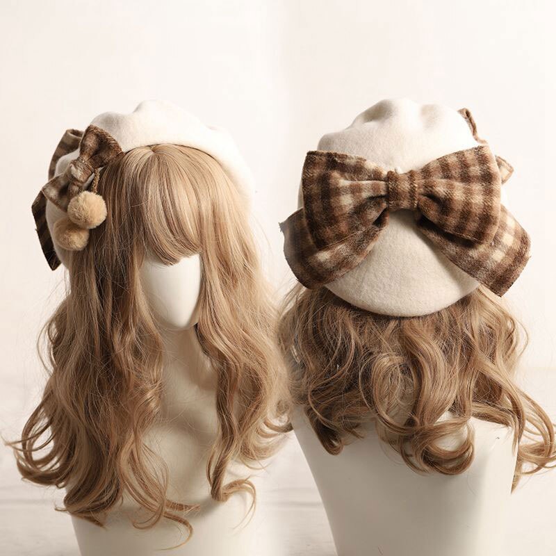Off white plaid beret hat bow Beret Hat off White Wool Plaid Bow - Etsy main image 4