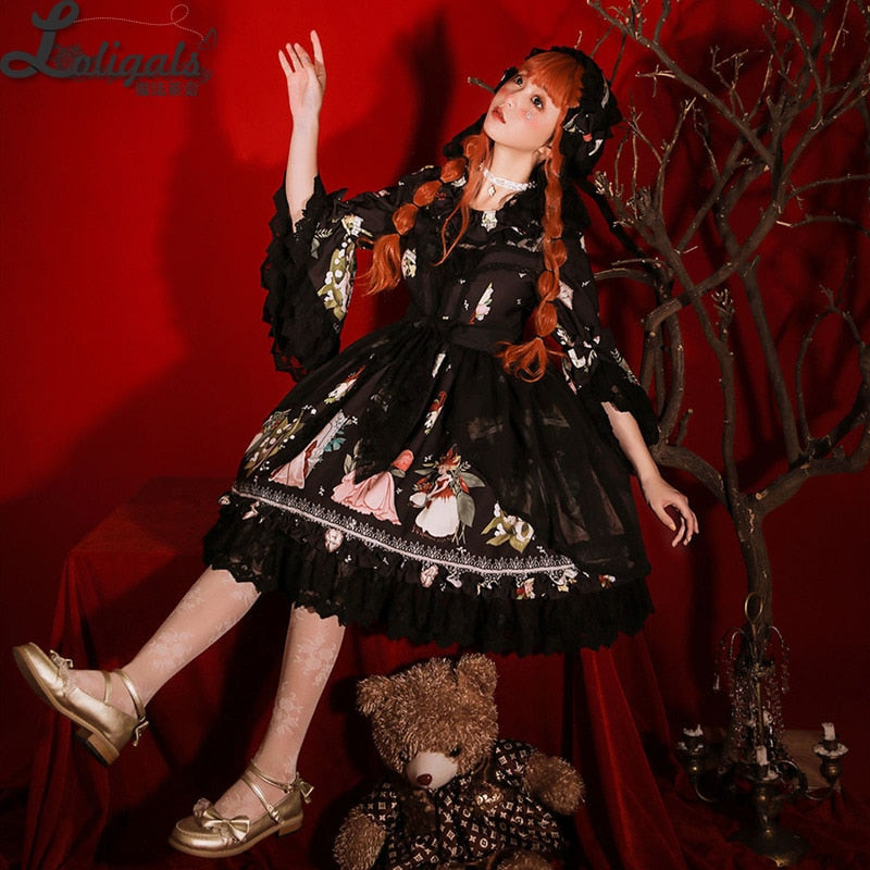 Ada's Flower ~ Vintage Printed Flare Sleeve Lolita Dress by