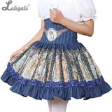 Sweet Mori Girl High Waist Skirt Blue Musha Printed Women's Short Skirt with Ruffles