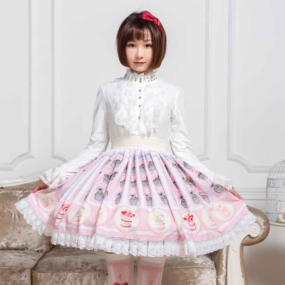 Sweet Pink Cup Cake Printed Short Skirt Kawaii Mori Girl A