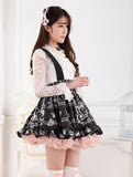 Japanese Style Black Rose and Crown Printed Lolita Pleated Skirt with Ruffles