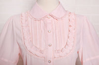 Sweet Girl's Chiffon Blouse Pink Long Puff Sleeve Women's Shirt with Ruffles
