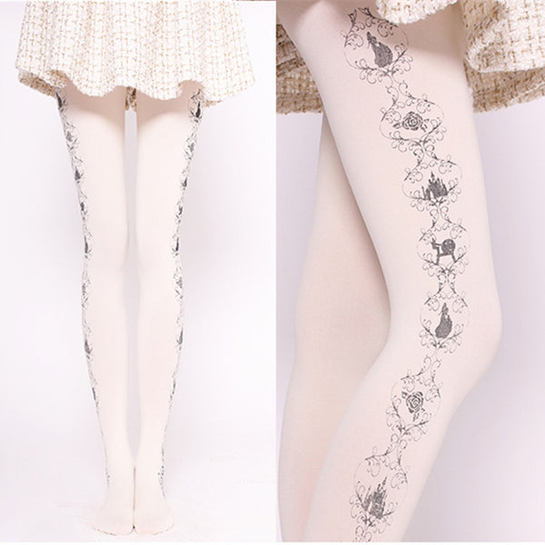 Sweet Women's Patterned Tights Harajuku Castle & Rose Printed Lolita Pantyhose White/Black