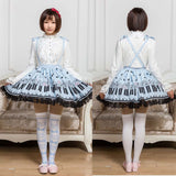Sweet Mori Girl Pink/Sky Blue Music Note Printed Short Suspender Skirt for Summer