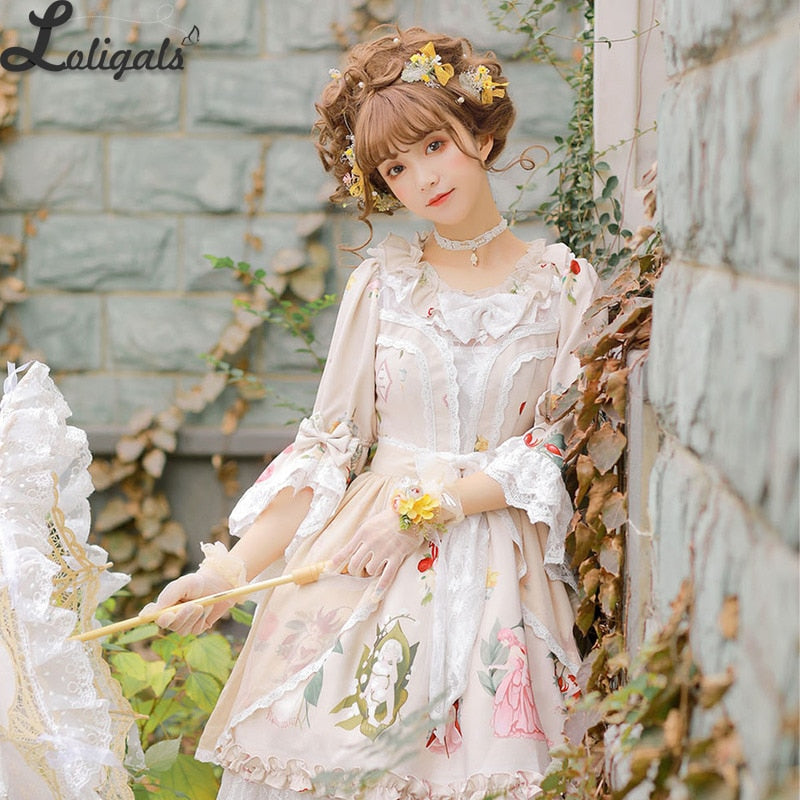 ワンピース adidas originals FLORAL LOLITA DRESS L Green Floral Print Spring Dress Lolita One Piece Sleeves Two