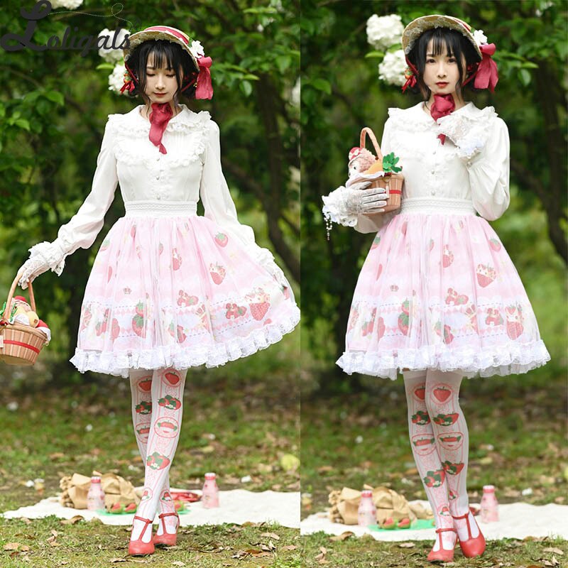 Sweet Short Pink Skirt Mori Girl Strawberry Printed A line