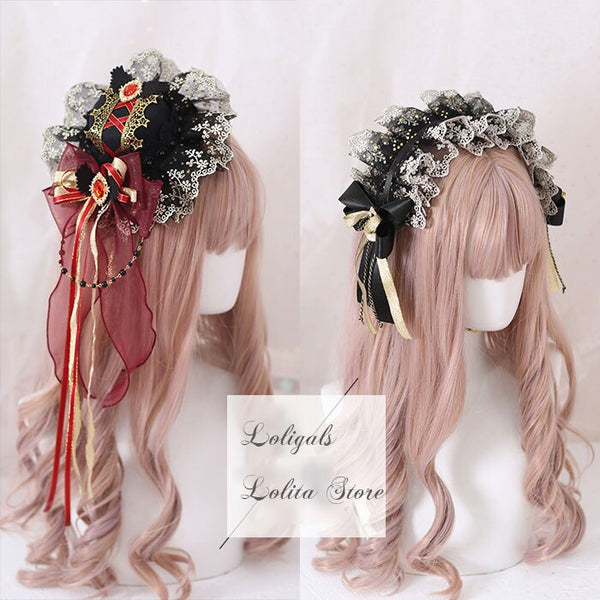 Gothic Lolita Headpiece Sweet Ruffled Lace Headband/ Mini Top Hat/ Choker