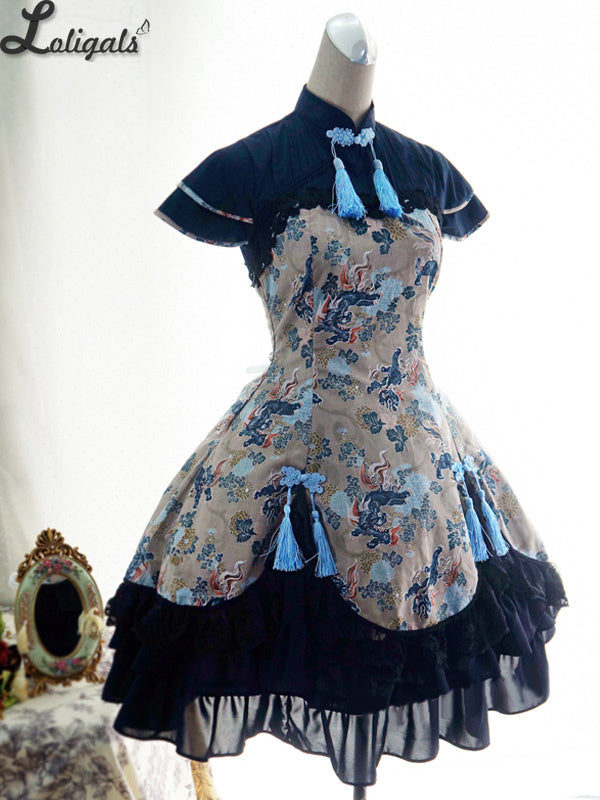 Classic Half Sleeve Layered Black Qi Style Floral Printed One Piece Lolita  Dress with Tassels