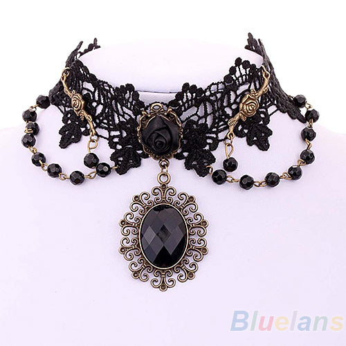 Lolita Gothic Black Flower Lace Choker Necklace Beads Chain Pendant Ro