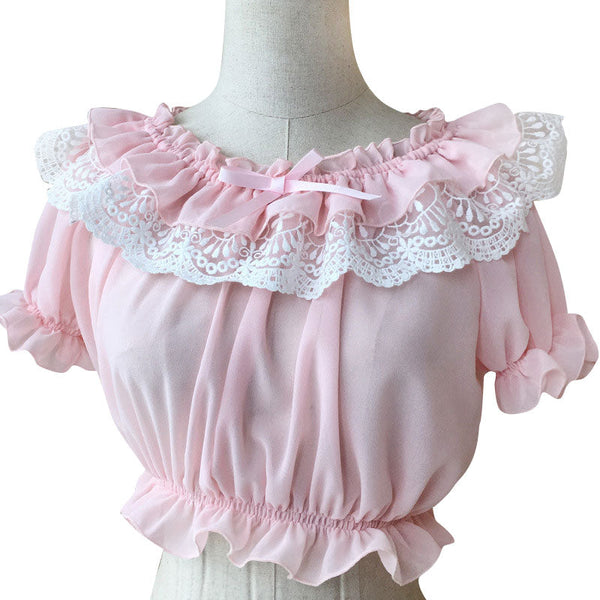 2019 Womens Chiffon Crop Top Summer Short Sleeve Blouse with Lace Detailing