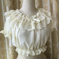 2019 Womens Chiffon Crop Top Summer Short Sleeve Blouse with Lace Detailing