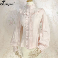 Sweet Women's Lolita Blouse Jacquard Cotton Long Sleeve White/Pink Blouse by Yiliya