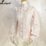 Sweet Women's Lolita Blouse Jacquard Cotton Long Sleeve White/Pink Blouse by Yiliya