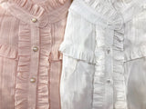 Sweet Women's Lolita Blouse Jacquard Cotton Long Sleeve White/Pink Blouse by Yiliya