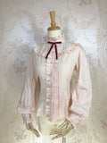 Sweet Women's Lolita Blouse Jacquard Cotton Long Sleeve White/Pink Blouse by Yiliya