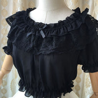 2019 Womens Chiffon Crop Top Summer Short Sleeve Blouse with Lace Detailing