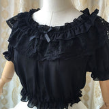 2019 Womens Chiffon Crop Top Summer Short Sleeve Blouse with Lace Detailing
