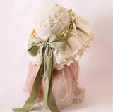 Sweet Vintage Lolita Hat Wide Lace Trim Doll Sun Protection Beach Hat w. Big Bow