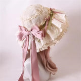Sweet Vintage Lolita Hat Wide Lace Trim Doll Sun Protection Beach Hat w. Big Bow