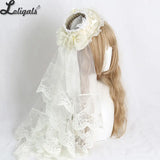 Sweet Lolita Mini Fascinator Hat Wedding Flat Top Hat W. Lace Veil ~ Cream Cake