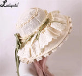 Sweet Vintage Lolita Hat Wide Lace Trim Doll Sun Protection Beach Hat w. Big Bow