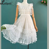 Sheer Mesh Cover up JSK Dress Sweet Lolita Ruffled Apron Maid Costume w. Lace Trimming