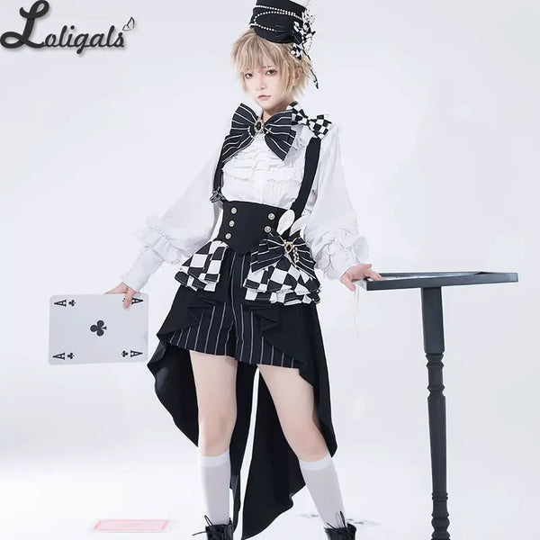 Ouji Lolita Outfit High Low Waist Cincher / Long Sleeve White Shirt / Striped Shorts / Bow Train ~ Rabbit Theater Corset Costume