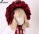 Gothic Bonnet Hat Red Black Classic Lolita Lace Ruffled Bow Hat