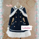 Classis Sailor Uniform Inspired Navy Blue Long Sleeve Double Breasted Metal Button Wool Winter Lolita Coat