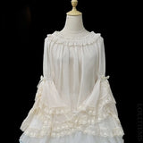 Sweet Sheer Lolita Blouse Long Flare Sleeve Lace Ruffle Chiffon Summer Top for Women