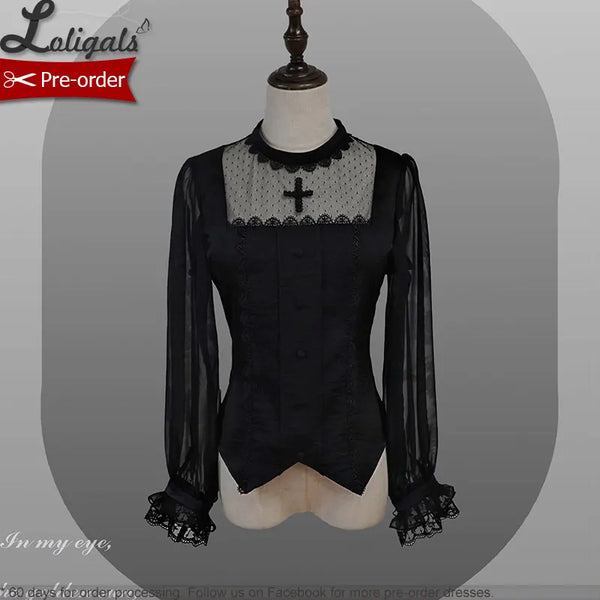 Pre-order Gothic Lolita Blouse Women's Cross Embroidered Long Sleeve Illusion Neck Shirt by Alice Girl