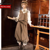 Cool Brown Lolita Ouji Outfit Cute Vest / Long Sleeve Shirt / Cropped Loose Harem Pants by Princess Chronicles