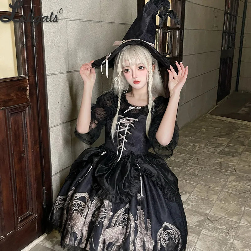 Gothic Retro Lolita JSK Dress Printed Halloween Witch Costume Eternal Night