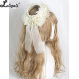Sweet Lolita Mini Fascinator Hat Wedding Flat Top Hat W. Lace Veil ~ Cream Cake