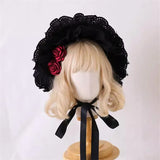 Gothic Bonnet Hat Red Black Classic Lolita Lace Ruffled Bow Hat