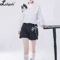 Ouji Lolita Outfit High Low Waist Cincher / Long Sleeve White Shirt / Striped Shorts / Bow Train ~ Rabbit Theater Corset Costume