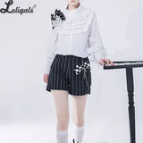 Ouji Lolita Outfit High Low Waist Cincher / Long Sleeve White Shirt / Striped Shorts / Bow Train ~ Rabbit Theater Corset Costume
