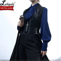 Retro Lolita Shirt Vintage Medieval Long Bishop Sleeve Prince Blouse w. Ruffled Bow-tie by Princess Chronicles ~ Black & Blue