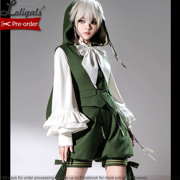 Ouji Lolita Outfit Retro Vine Green Long Bunny Ear Hooded Vest / Cosplay Bloomer Shorts / Tassel Cape by Princess Chronicles