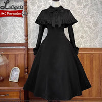 Cool Long Black Embroidered Lolita Dress w. Cape by Alice Girl ~ Pre-order