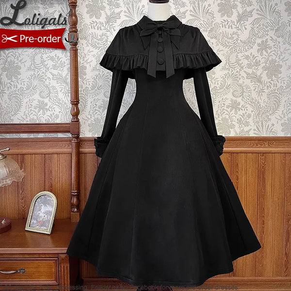 Cool Long Black Embroidered Lolita Dress w. Cape by Alice Girl ~ Pre-order