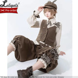 Cool Brown Lolita Ouji Outfit Cute Vest / Long Sleeve Shirt / Cropped Loose Harem Pants by Princess Chronicles