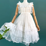 Sheer Mesh Cover up JSK Dress Sweet Lolita Ruffled Apron Maid Costume w. Lace Trimming