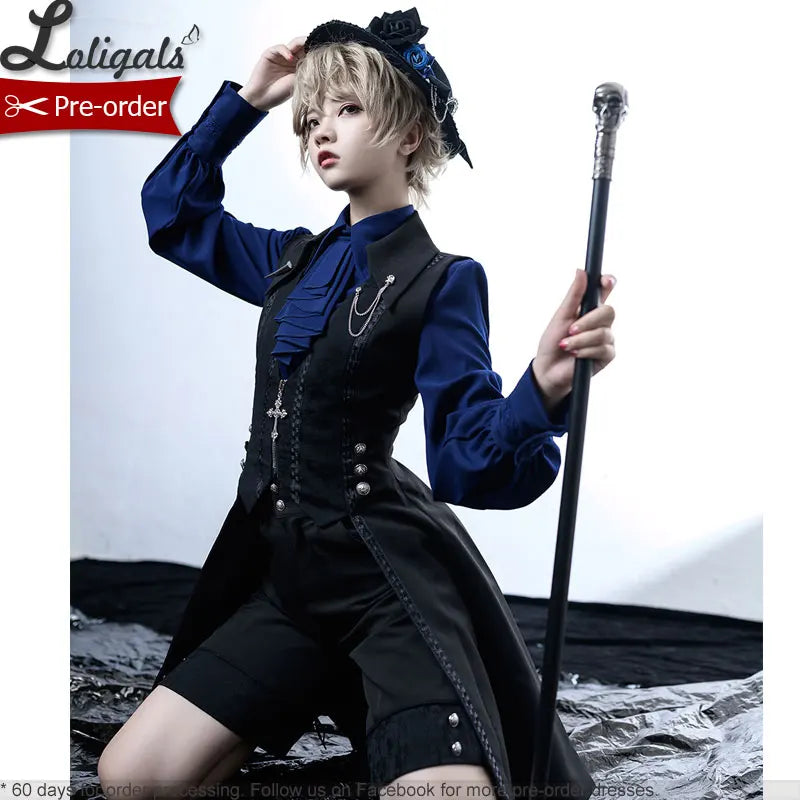 Retro Lolita Waistcoat Medieval Little Prince Swallowtail Long Vest / Shorts by Princess Chronicles ~ Black & Blue
