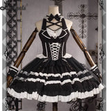 Retro Style Lolita JSK Dress Vintage Black and White Doll Style Mini Halter Neck Dress by Ocelot ~ Lilith