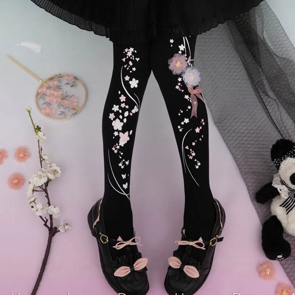 Peach Blossom ~ Chinese Style Printed Lolita Tights by Yidhra