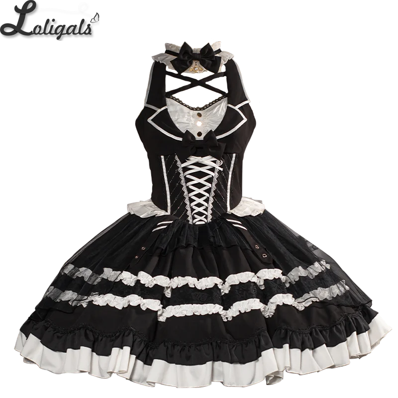 Retro Style Lolita JSK Dress Vintage Black and White Doll Style Mini Halter  Neck Dress by Ocelot ~ Lilith